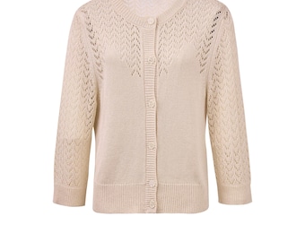 Cárdigan de punto color albaricoque con cuello redondo para mujer, suéter ligero con ojales, cárdigan de verano con botones y mangas tres cuartos.