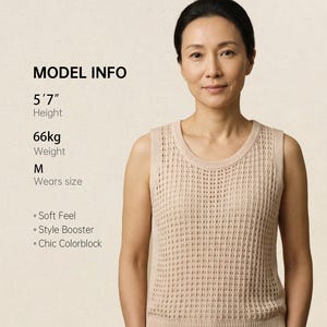 Puede incluir: Top de punto sin mangas beige con un dise&ntilde;o de tejido abierto texturizado. La imagen incluye el texto "MODEL INFO" con la altura del modelo de 170 cm y el peso de 66 kg. El top se describe como de tacto suave, potenciador de estilo y colorblock chic.