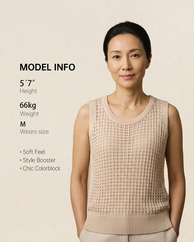 Puede incluir: Top de punto sin mangas beige con un dise&ntilde;o de tejido abierto texturizado. La imagen incluye el texto "MODEL INFO" con la altura del modelo de 170 cm y el peso de 66 kg. El top se describe como de tacto suave, potenciador de estilo y colorblock chic.