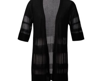Black Lightweight Duster Cardigan, Sheer Eyelet Knit, Half Sleeve V Neck Layer
