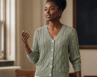 Sage Green Eyelet Knit Cardigan, V Neck 3/4 Sleeve Button Sweater