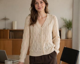 Apricot V Neck Knit Cardigan for Women, Lightweight Eyelet Sweater, 3/4 Sleeve Summer Button Cardigan
