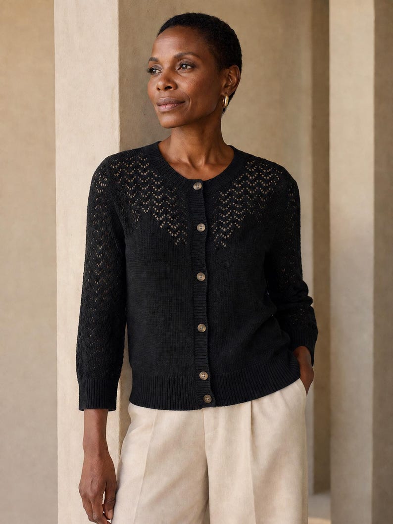 May include: A black cardigan with a round neckline and button-up front. The cardigan has an openwork design on the shoulders and sleeves. The model is wearing the cardigan with cream-coloured trousers.