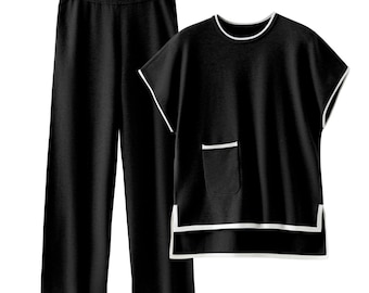 Conjunto de ropa de estar por casa de punto negro acogedor, conjunto relajado de dos piezas para estar en casa y viajar para mujer.