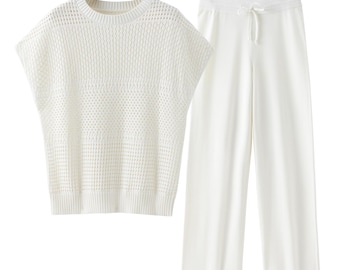 Cozy White Knit Loungewear Set, Relaxed Two-Piece Home & Travel Outfit for Women
