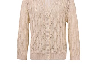 Apricot V Neck Knit Cardigan for Women, Lightweight Eyelet Sweater, 3/4 Sleeve Summer Button Cardigan