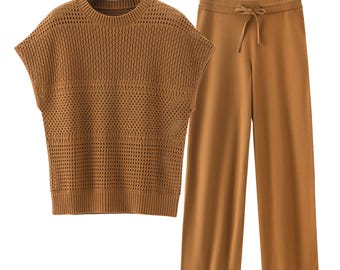 Cozy Khaki Knit Loungewear Set, Relaxed Two-Piece Home & Travel Outfit for Women