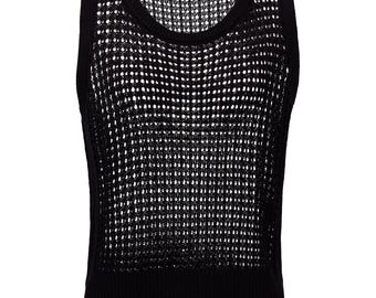 Top de tirantes de punto de ganchillo negro, chaleco de punto calado sin mangas, aberturas laterales de verano.