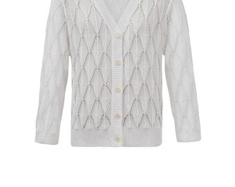 Cárdigan de punto calado blanco marfil, suéter de verano con cuello en V y manga tres cuartos.