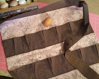 Egg apron / for gathering 12 deep pleated pockets backstitched for durability eggs won't bump and hands are free most 20x20long tie. Cotton