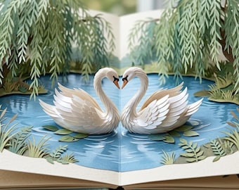 Swan Pop Up Card Template | Romantic 3D Swan Lake Paper Craft (PDF Digital Download)