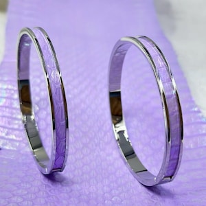 Genuine Snakeskin Bangle Bracelet, Iridescent Lavender Titanium Cuff, Handmade Minimalist Jewelry