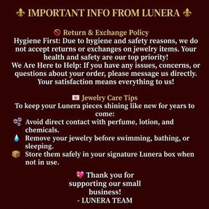 May include: A dark red informational graphic from Lunera featuring text regarding return and exchange policies for jewellery, including hygiene and safety guidelines. It also lists jewellery care tips such as avoiding chemicals, removing items before swimming or sleeping, and proper storage, ending with a thank you message.