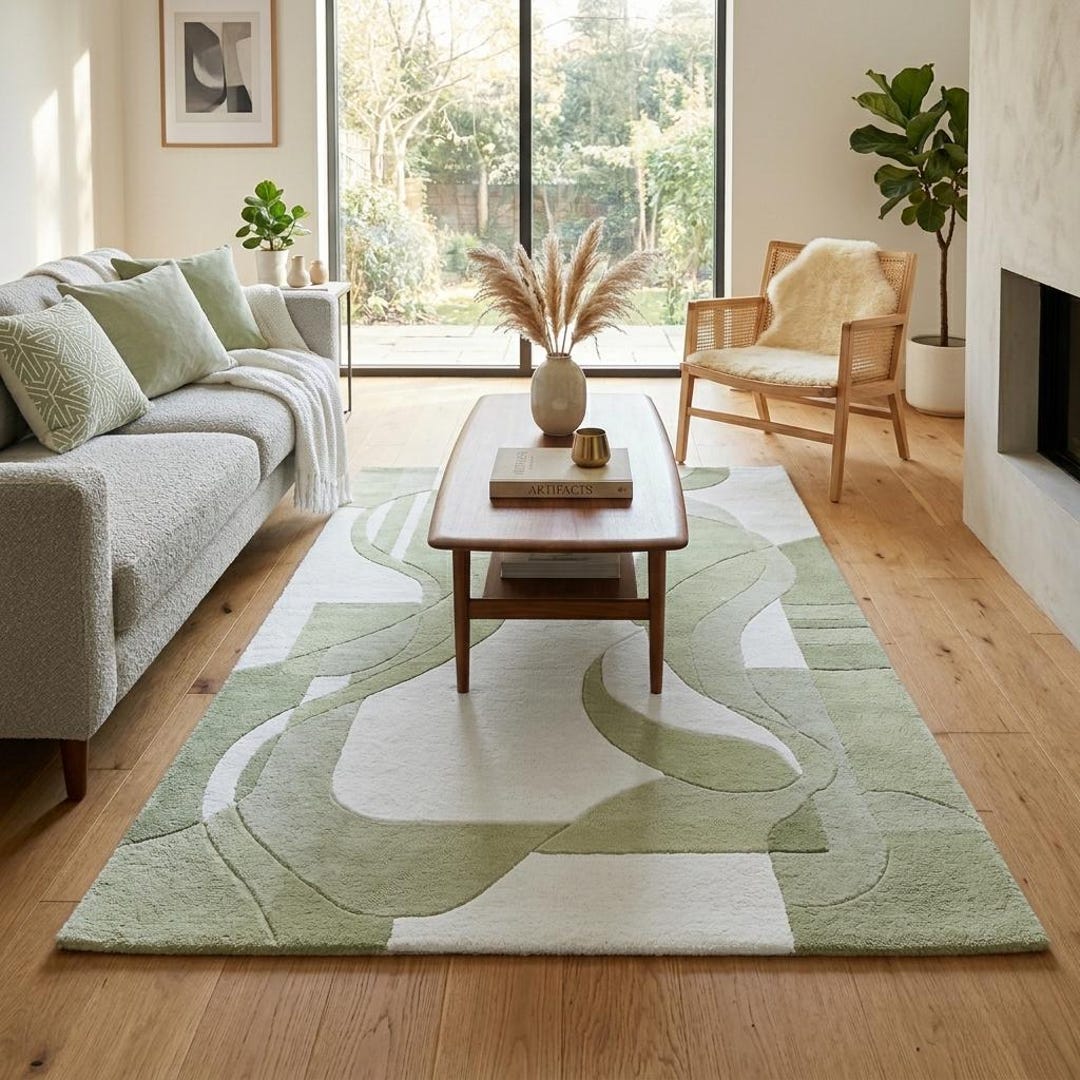 Handmade Sage Green Geometric Area Rug, Modern Wool Tufted Abstract ...