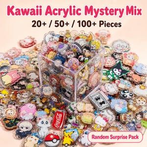May include: A clear square container filled with a variety of colorful acrylic charms featuring diverse cartoon characters and icons. The text Kawaii Acrylic Mystery Mix 20+ / 50+ / 100+ Pieces and Random Surprise Pack is visible.