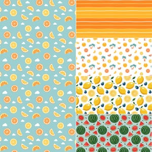 Peut inclure: Plusieurs motifs sur le thème des fruits. Comprend des oranges, des citrons, des pastèques et des myrtilles. D'autres motifs présentent des palmiers, des soleils et des rayures horizontales oranges. Les fonds sont bleu clair et blancs.