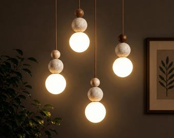 Cream Pendant Light | Bauhaus Nordic Hanging Lamp | Stone Wood LED Kitchen Lighting