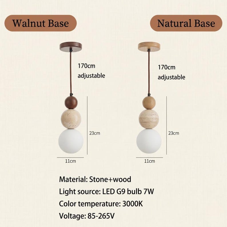 May include: Two pendant lights with a walnut and natural wood base. Each light features a series of stone and wood spheres, topped with a brown or natural wood cap. The bottom sphere is a white glass globe, 11cm in diameter. The lights are 170cm adjustable and 23cm in height.