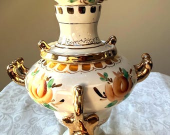 Samovar russo vintage in porcellana, anni '80, decorato a mano con motivi floreali dorati, URSS.