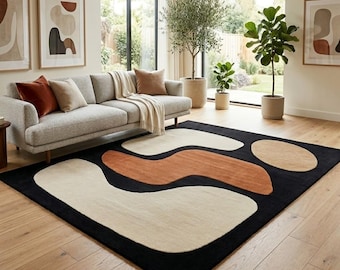 Black and Cream Abstract Area Rug, Modern Minimalist Rug, Organic Shape Carpet, Contemporary Scandinavian Rug, Artistic Living Room Decor