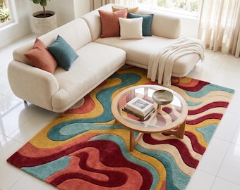 Kleurrijk abstract tapijt, handgemaakt getuft wollen vloerkleed, modern artistiek tapijt, retro tapijt met golvend patroon, statement woonkamerdecor