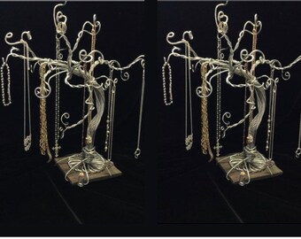 2 16” Wire Jewelry Tree Stand Necklace Organizer w/Stone Bracelet Display Ring Earring Storage, Silver Color-SMALL SIZE