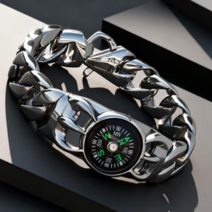 May include: A polished silver-tone metal chain link bracelet featuring an integrated circular compass. The compass face is black with white cardinal directions and a green needle pointing towards the north, set within the thick, heavy-duty links.