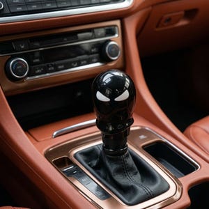 May include: A glossy black spherical gear shift knob featuring two white, almond-shaped eyes positioned on the front. The knob is mounted on a black leather shift boot within a vehicle interior that has tan leather trim and metallic accents.