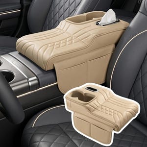 Car Armrest Cushion with Tissue Holder, Cup Slot & Storage Pockets, Center Console Organizer Pad