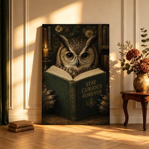 Könnte beinhalten: Ein rechteckiger Wandkunstdruck, der eine braune Eule mit großen Augen und einer runden Brille zeigt. Die Eule hält ein aufgeschlagenes dunkelgrünes Buch mit dem goldenen Text STAY CURIOUS FOREVER. Der Hintergrund zeigt ein dunkles Bücherregal und eine Kerze.