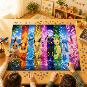 May include: A jigsaw puzzle featuring nine colorful Pokémon characters arranged in vertical panels, each representing a different elemental theme including fire, water, electricity, and nature, set against a reflective water surface background.