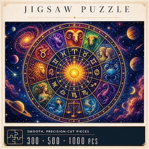 May include: A rectangular jigsaw puzzle box featuring a circular zodiac wheel with twelve astrological signs surrounding a central sun. The background displays a deep space nebula with planets and stars. Text reads JIGSAW PUZZLE and 300 500 1000 PCS.