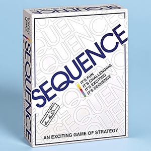 May include: A rectangular board game box titled SEQUENCE with a white background and large blue lettering. The box features the text IT'S FUN, IT'S CHALLENGING, IT'S EXCITING, IT'S SEQUENCE, a rainbow-colored bar, and a signature by Bill Barrett.