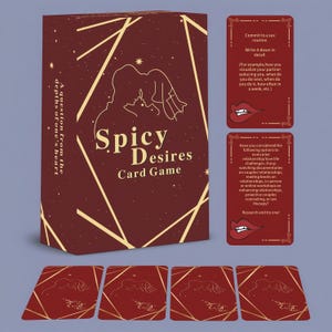 May include: A maroon card game box titled Spicy Desires Card Game with gold geometric lines and a line-art illustration of a couple. Two upright cards show text prompts and red lips, while four face-down cards display the same gold geometric design.