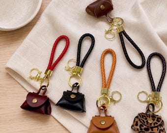 Mini Purse Keychain, Leather Bag Charm with Braided Wrist Strap, Cute Handbag Keyring, Car Key Holder, Gift for Her