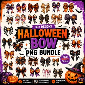 Puede incluir: Una colección digital de más de 30 gráficos de lazos con temática de Halloween que incluyen calabazas, fantasmas, murciélagos y telarañas en naranja, negro y morado. El texto central dice 30+ DESIGNS HALLOWEEN BOW PNG BUNDLE con una insignia de alta calidad.