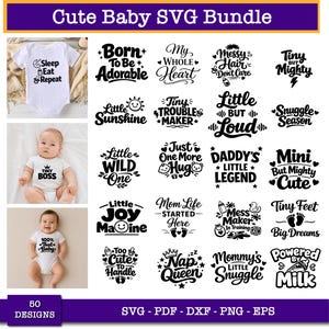 Op de afbeelding: Een digitale collectie van 50 baby-thema SVG-ontwerpen met zwarte typografie en iconen op een witte achtergrond. Zinnen zijn onder andere Born To Be Adorable, Tiny Boss en Powered By Milk. De bundel bevat SVG, PDF, DXF, PNG en EPS-bestandsformaten.