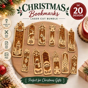 Può includere: Un set di 20 segnalibri natalizi in legno tagliati al laser con dettagliati disegni festivi tra cui Babbo Natale, pupazzi di neve, renne e alberi. Include formati di file digitali come SVG, DXF, EPS, PDF e PNG.