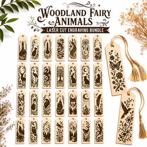 May include: A collection of rectangular wooden bookmarks featuring laser-engraved designs of animals, nature, and celestial motifs. The set includes twenty-four individual tags and two finished bookmarks with gold tassels and floral patterns.