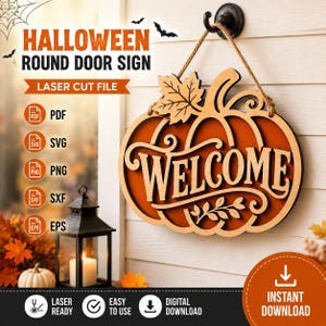 Halloween Rund Dörrskylt SVG, Pumpa Välkomstskylt Laserskuren Fil, Höst Veranda Dekor