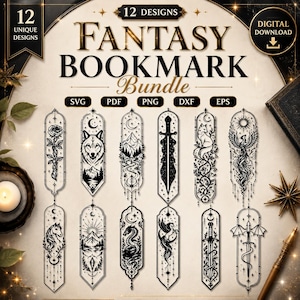 Puede incluir: Un paquete de descarga digital con 12 diseños de marcapáginas de fantasía en blanco y negro. La colección incluye ilustraciones de una rosa, lobo, montañas, espada, zorro, fénix, caballo, sol, dragón, pegaso y serpiente, en formatos SVG, PDF, PNG, DXF y EPS.
