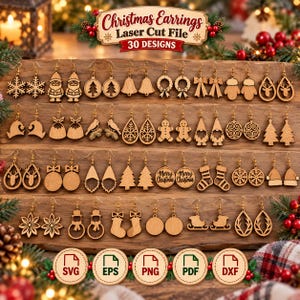 May include: A collection of 30 pairs of laser-cut wooden Christmas earrings displayed on a wooden board. Designs include snowflakes, Santa, ornaments, bells, wreaths, bows, mittens, reindeer, birds, gingerbread men, gnomes, trees, stockings, and snowmen.