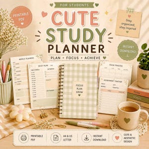 May include: Aesthetic study planner with a green and white gingham cover, surrounded by stationery and a mug. The planner includes sections for weekly and daily planning, exam tracking, and assignment tracking. Text on the planner reads "Focus Plan Grow."