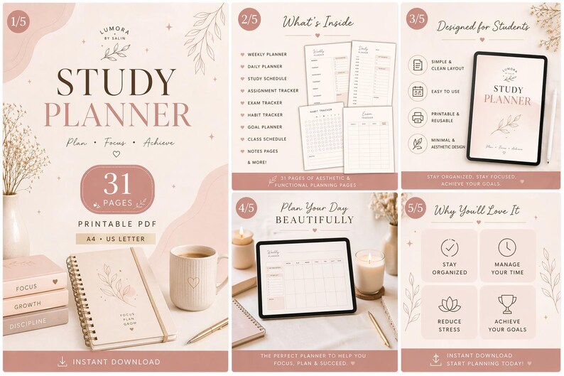 Minimalist Study Planner Printable | Weekly Daily Schedule | Assignment ...