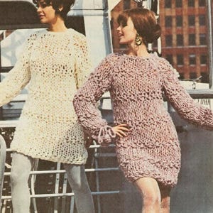 PATTERN: Peek-a-Boo Chunky Knit Mini Dress – Easy Vintage 1968 Knitting Pattern – Quick 6-Hour Knit – For Jumbo Size 50 Needles