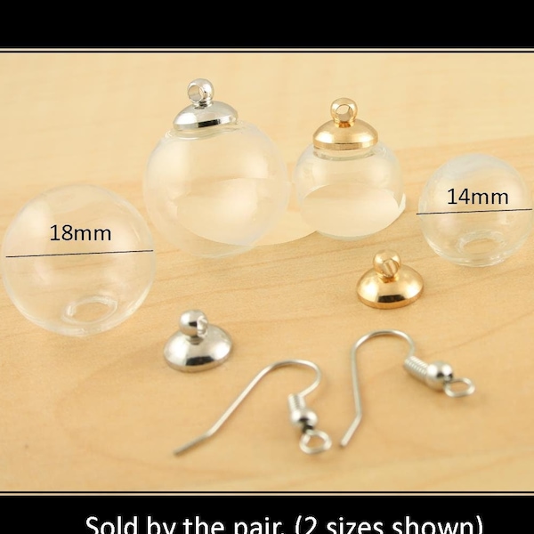 2 Glass DIY Hanging Globe Wish Bottle, Hollow. Gold, Silver, Loop Cap. Great for Earrings. Fillable. Clear. Sold by Pair (2). Includes Wires