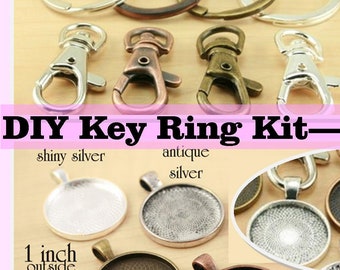 10 Key Ring Making DIY Kit. XL Split Ring, 10 Standard Swivel Clips, ROUND 25mm Pendant. Optional Glass (10), Seals (10 or 20)