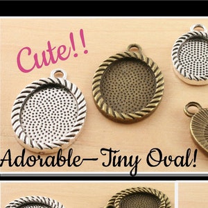 May include: Three silver and bronze oval-shaped pendant charms with rope trim. The charms are approximately 1 inch in diameter. The charms are on a wooden surface. The text "Cute!!" and "Adorable - Tiny Oval!" is visible in the image. The text "Rope Trim Charms" is visible in the image.