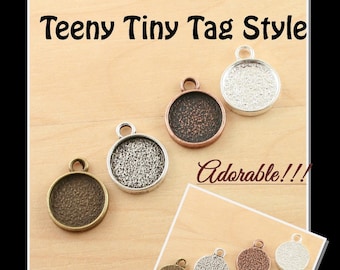 10 STURDY Tiny Round Charms, TAG Style -ALLOY. ~12mm. Silver, Antique Silver, Copper, Bronze. Glass 10, Seals (10 or 20). Kit makes 5 pr