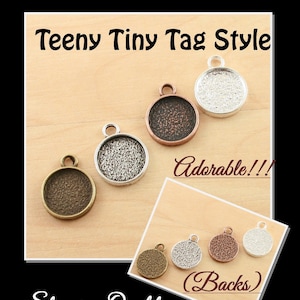 50 STURDY Tiny Round Charms, TAG Style Pendant Trays -ALLOY. ~12mm. Silver, Antique Silver, Copper, Bronze. Glass 50, Seals (50 or 100)